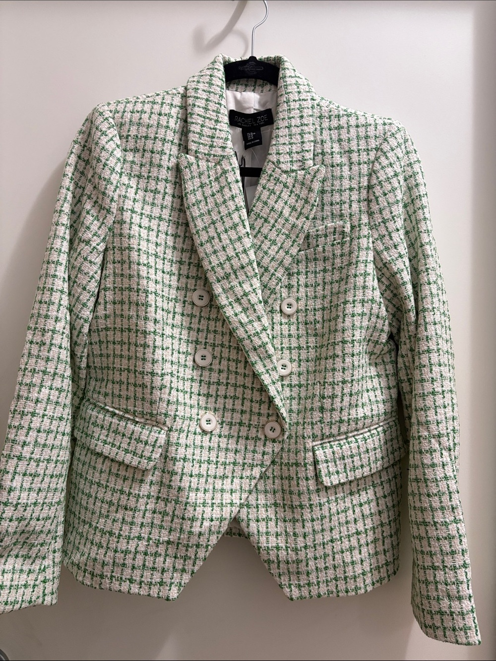 Rachel Zoe White & Green Tweed Double-Breasted Blazer